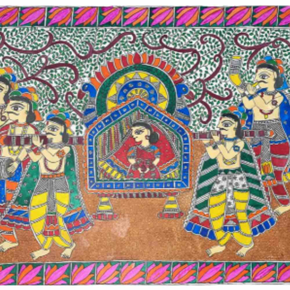 Tussar Saree with Madhubani Bride, Doli, and Kaahar Painting